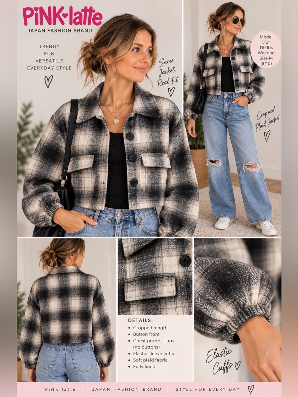 Pink Latte Cropped Plaid Jacket in Black & White size 8/10